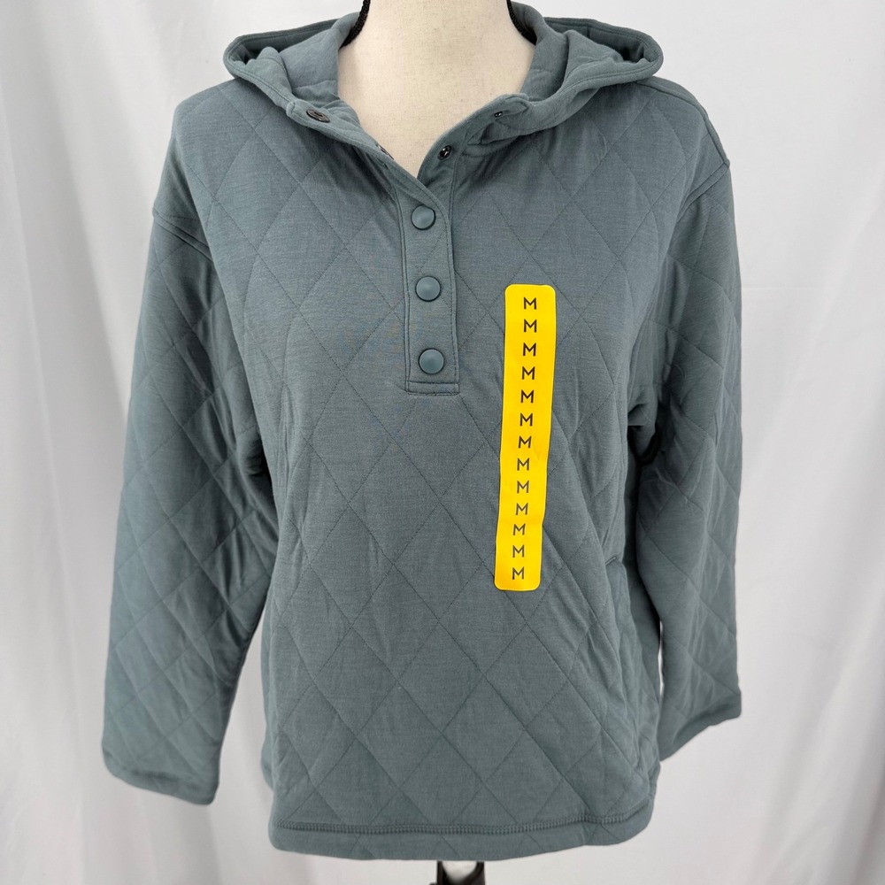 Lands End Womens Quilted Pullover Hoodie Light Blue Snap Neck Sweatshirt Medium